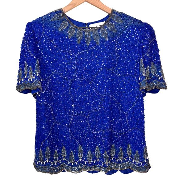 Camille Marie Tops - Vintage 100% Silk Beaded Blouse Size M Glam Glamour Luxury Costume Cruise Resort